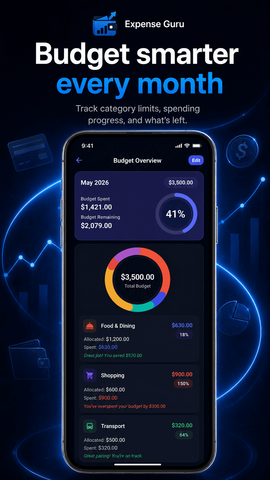 Expense Guru budget overview screen