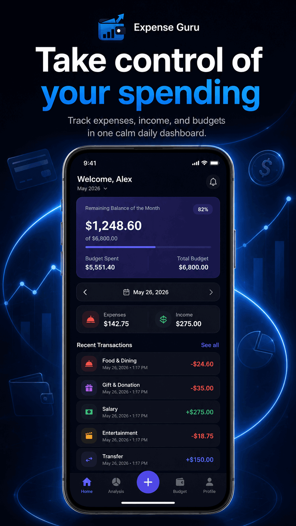 Expense Guru home dashboard screenshot